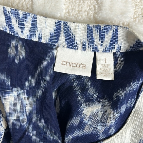 Chico’s Women’s Ikat Print Cotton Open Blazer Navy White Lightweight Size 1 M - Picture 4 of 8